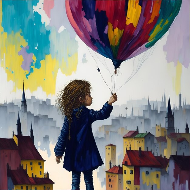 Abstract fusion oil and water colour child holding balloon