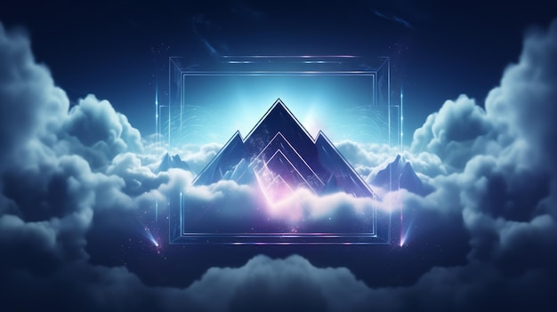 Abstract futuristic background with neon geometric shape and stormy cloud on night sky Rhombus frame with copy space