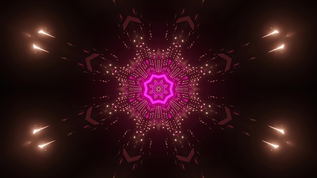 Abstract futuristic background with shiny neon pink geometric shapes and gleaming rays reflected in dark surface of endless tunnel