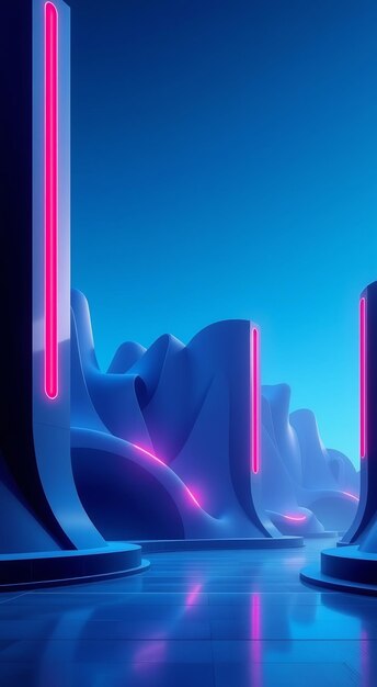 Photo abstract futuristic blue and pink neon landscape with glowing pillars and floor