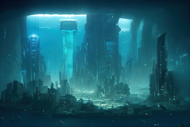 Abstract futuristic city under water future of humanity future civilization ecology