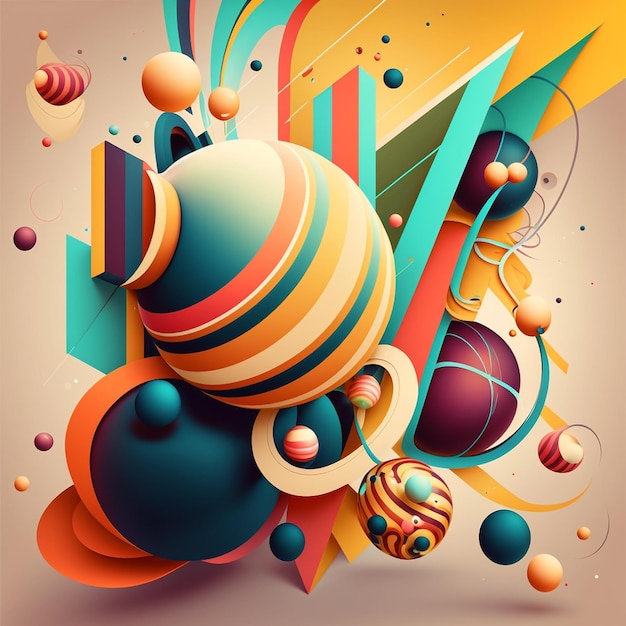 Abstract futuristic contemporary modern cosmic design in cartoon style with spheres and stripes