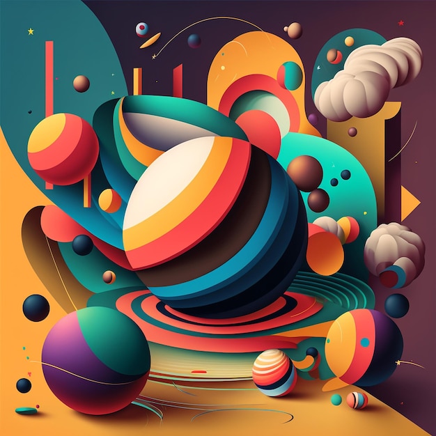 Abstract futuristic contemporary modern cosmic design with spheres and lines in cartoon style