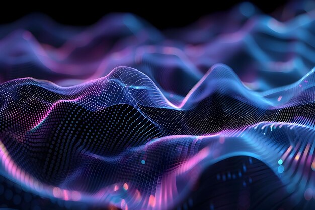 Abstract Futuristic Digital Background with Dynamic Glowing Blue and Purple Waves of Data