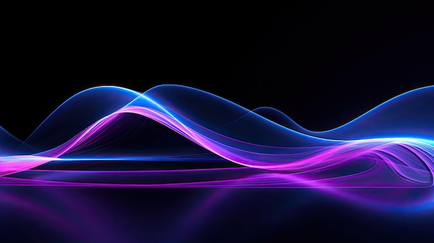 Abstract futuristic glowing curved wave blue and purple technology lines on black background