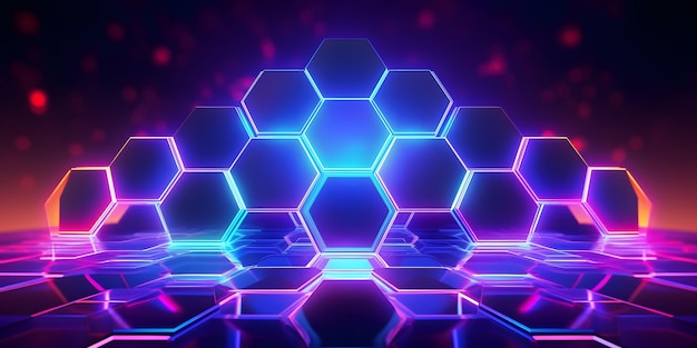 Abstract and Futuristic Hexagonal Background with Colorful and Glowing Neon Effect Generative AI