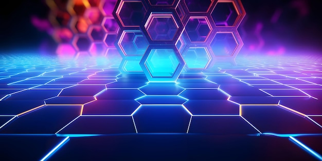 Abstract and Futuristic Hexagonal Background with Colorful and Glowing Neon Effect Generative AI