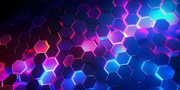 Abstract and Futuristic Hexagonal Background with Colorful and Glowing Neon Effect Generative AI