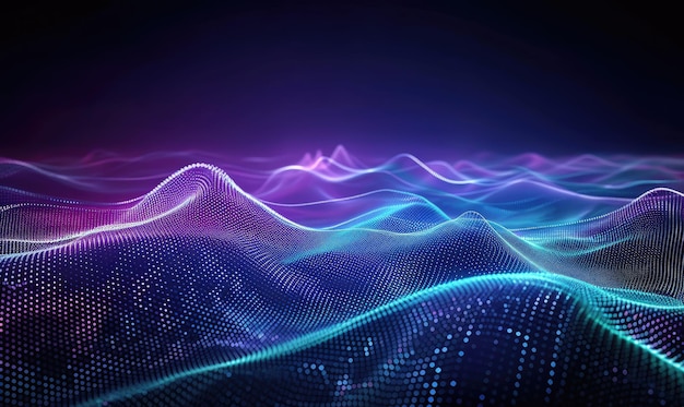 Abstract Futuristic Landscape with Colorful Waves 3D Lines Dots Neon Lights Glowing Background