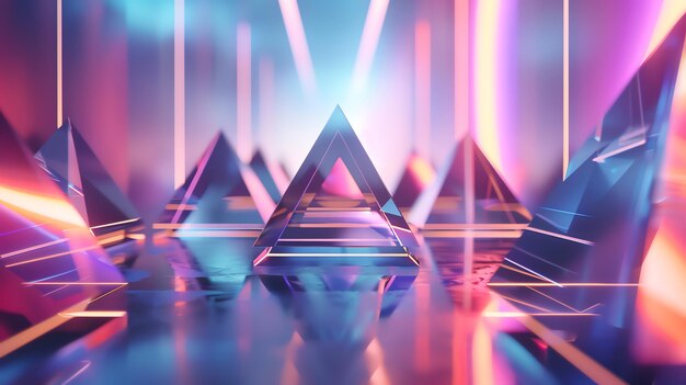 Photo abstract futuristic scene with glowing neon lights pyramids and reflections