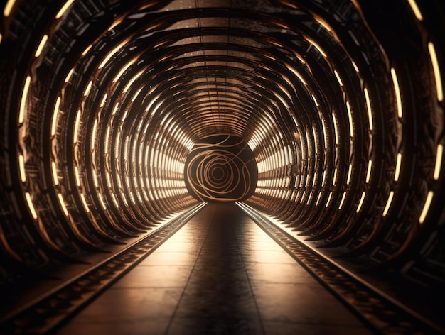 Abstract futuristic tunnel corridor with glowing lights and reflections Science fiction style Created with Generative AI technology