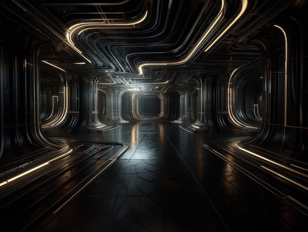 Abstract futuristic tunnel corridor with glowing lights and reflections Science fiction style Created with Generative AI technology