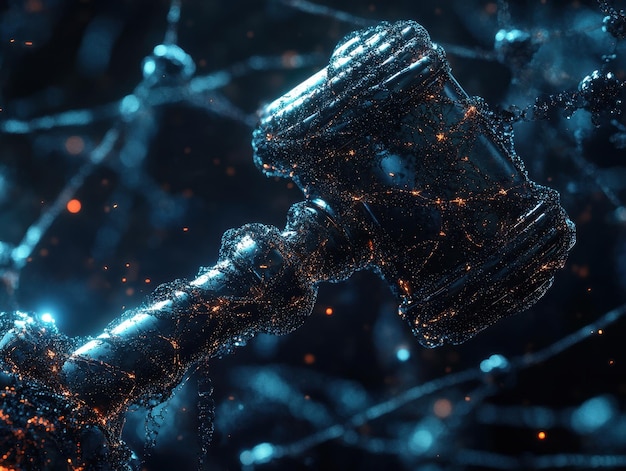 Photo abstract gavel of justice made of particles with glowing lights