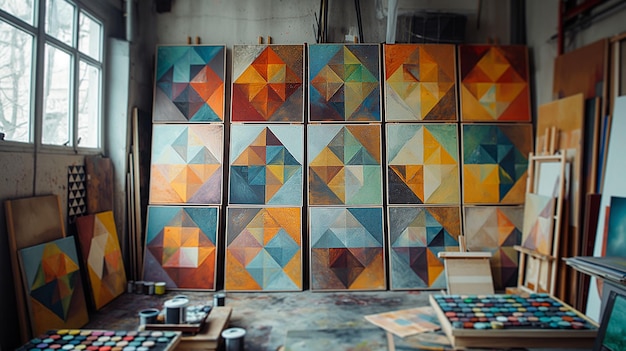 Abstract Geometric Artworks in Artist39s Studio Generative AI