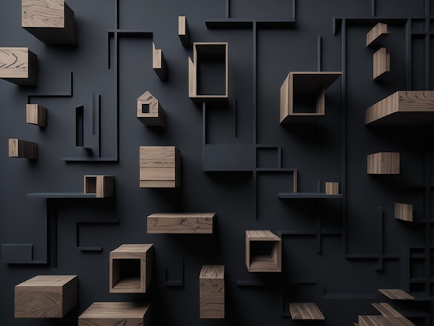 Abstract geometric black background with wooden boxes 3d render illustration Digital art for wall decor