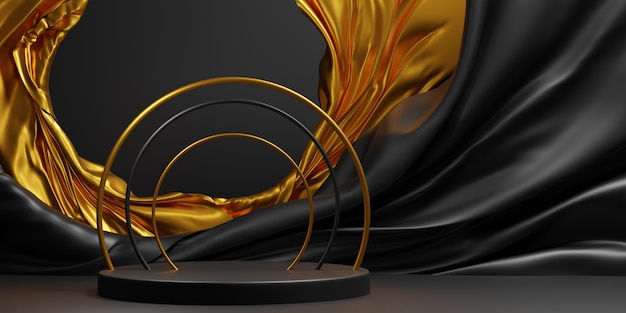 Abstract geometric black and golden elegant podium scene for product presentation. 3d illustration