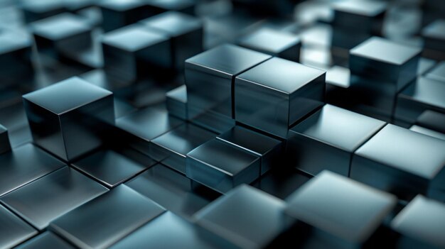 Abstract geometric blocks with a metallic sheen arranged in a cascading pattern on a dark background varying shades of blue and silver illuminated by soft light futuristic and sleek 3D render