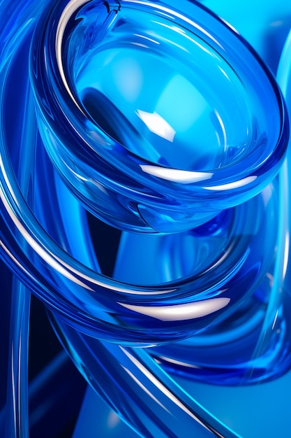 abstract geometric blue background with glass spiral tubes flow clear fluid with dispersion