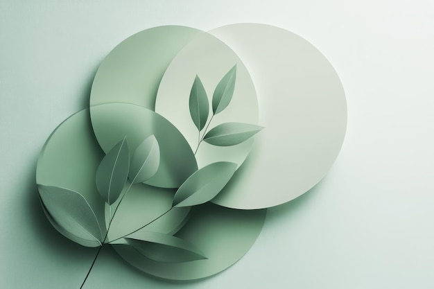 Photo abstract geometric composition with green leaves and circular shapes in soft pastel tones