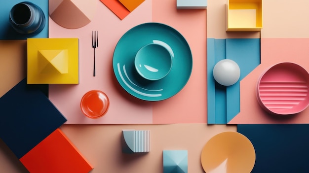 Abstract Geometric Composition with Plates Fork and Glass