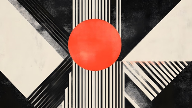 Photo abstract geometric composition with a red circle and black and white stripes