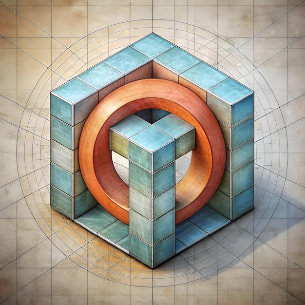 Abstract geometric illustration of a cube with a ring passing through it rendered with a vintage aesthetic on a gridded background