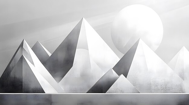 Photo abstract geometric landscape with white circle and grey pyramids