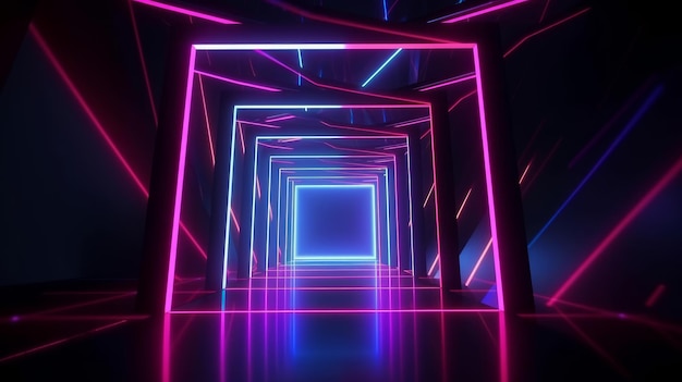 An abstract geometric neon background is depicted in a 3D render featuring a glowing square frame A laser linear shape can be seen within the dark tunnel