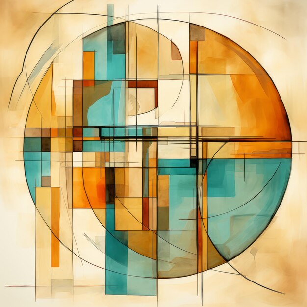 Abstract Geometric Painting In Light Amber And Turquoise