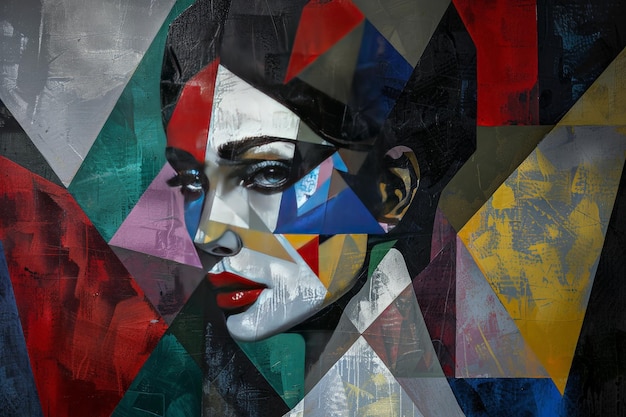 Abstract geometric painting of a womans face featuring vibrant colors and sharp angles creating a modern artistic aesthetic