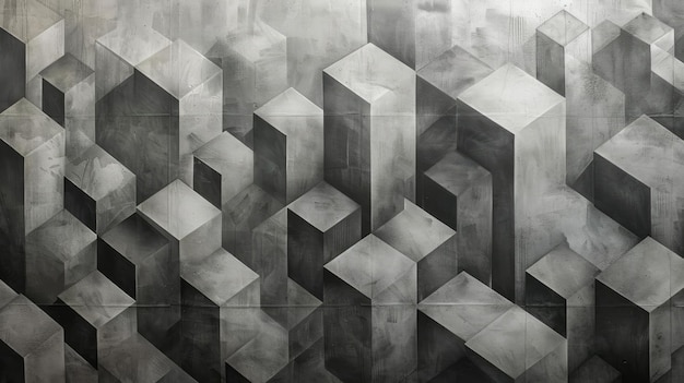 Abstract Geometric Patterned Architecture with 3D Cubes in Monochromatic Grey Tones