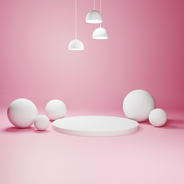 Abstract geometric podium with spheres and lamps