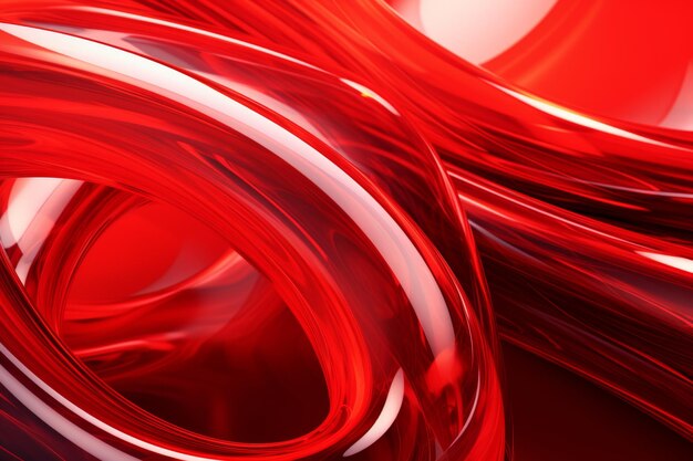 Abstract geometric red background with glass spiral tubes flow clear fluid with dispersion and refra