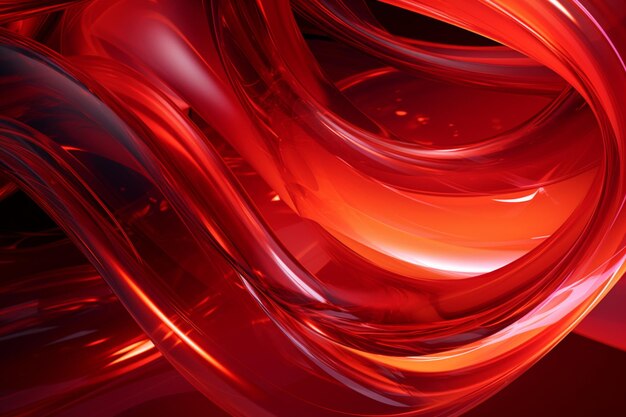 Abstract geometric red background with glass spiral tubes flow clear fluid with dispersion and refra