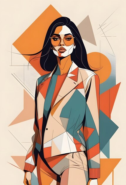 Photo abstract geometric shape colorful woman in dress suit illustration