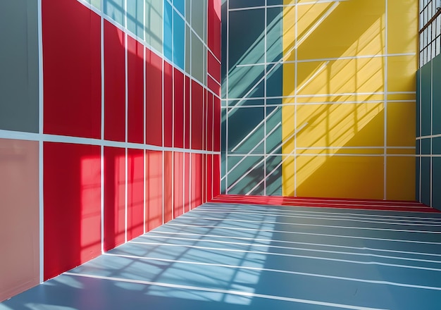 Abstract Geometric Shapes of Walls in Empty Room with Blue and Red Floor