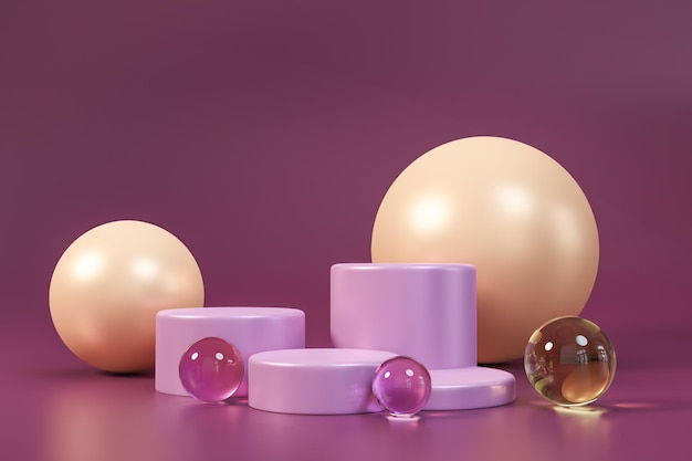 Abstract geometric still life installation with balls and an empty round podium for product placement on lilac background Product placement and advertising background 3d rendering