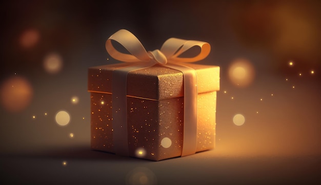 Abstract gift box with a bow on a background with particles and blur