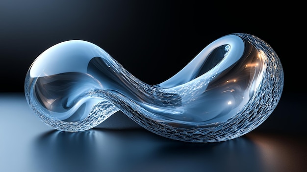 Abstract glass sculpture with a wave pattern on a dark background