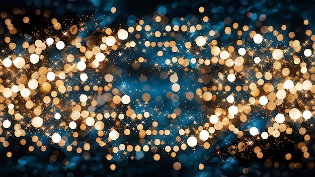 abstract glitter bokeh lights background in blue gold and black elegant festive design