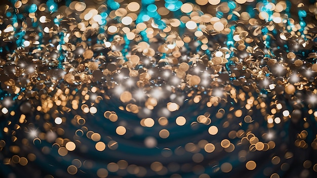 Photo abstract glitter bokeh lights background in blue gold and black elegant festive design