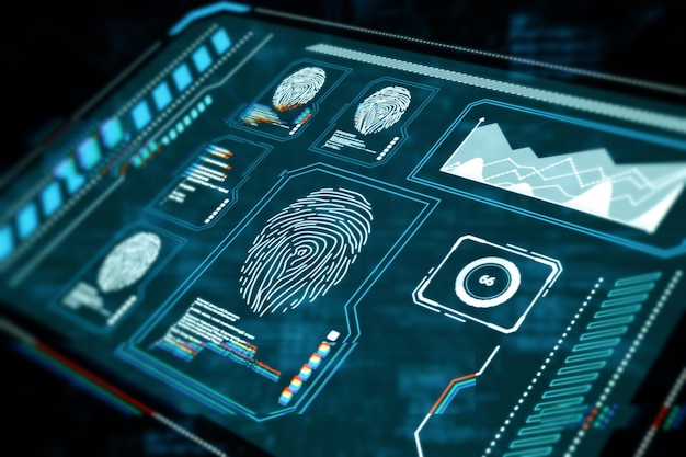 Abstract glowing blue fingerprint scanner interface on dark background Technology information and identification concept 3D Rendering