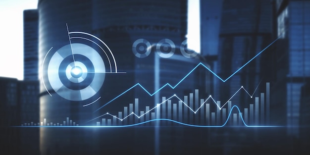 Abstract glowing business chart on blurry city background Finance and innovation concept Double exposure