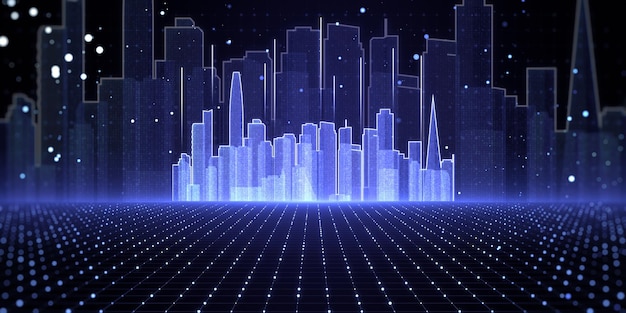 Abstract glowing city skyline hologram on blurry tech wallpaper Metaverse innovation and technology concept 3D Rendering