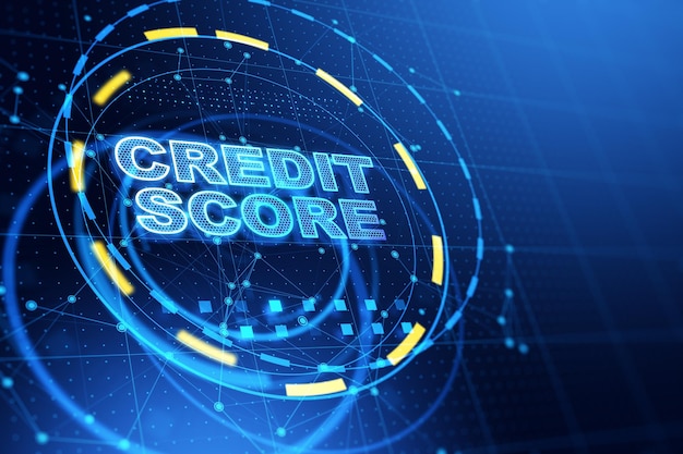 Abstract glowing credit score hologram on blue background Business loan and debt rating concept 3D Rendering