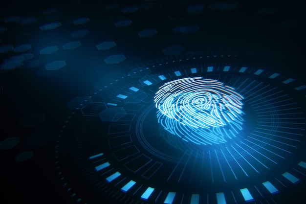 Abstract glowing fingerprint hologram on blurry blue backdrop Personal security concept 3D Rendering