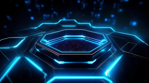 Abstract of glowing futuristic hexagon frame illuminated with neon blue color light