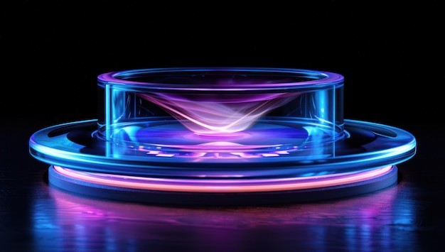 Photo abstract glowing glass platform with neon lights