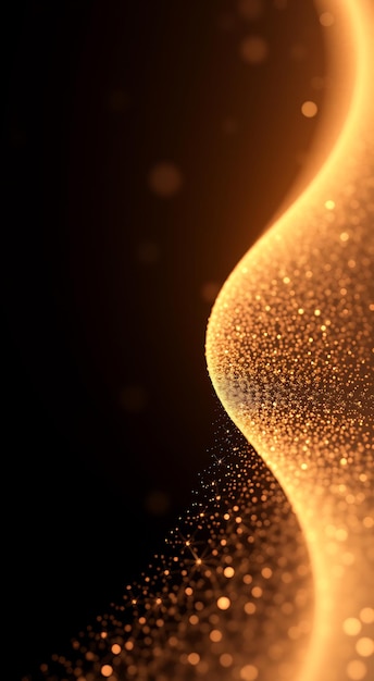 Abstract glowing golden wave with bokeh lights on dark background