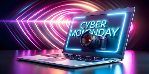 Photo abstract glowing laptop with floating cyber monday banner digital tech ecommerce promotion concept